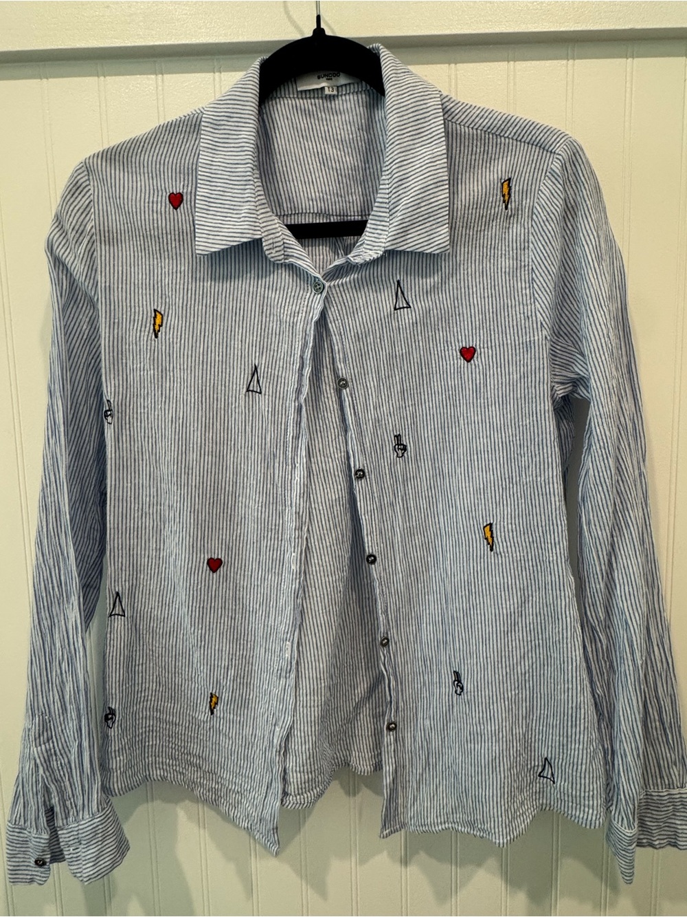 SUNCOO Light Blue & White Striped Embroidered Button-Down Shirt
